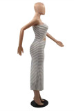 Light Brown Sexy Casual Striped Print Backless One Shoulder Sleeveless Two Pieces