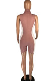 Pink Sexy Casual Patchwork Basic Zipper Collar Skinny Romper