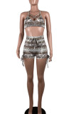Light Brown Sexy Animal Print Print Patchwork Frenulum Halter Sleeveless Two Pieces