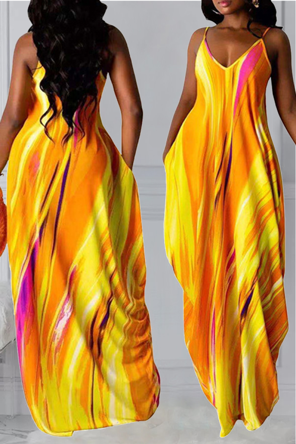Yellow Casual Print Patchwork Spaghetti Strap Straight Dresses