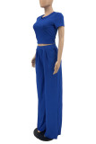 Blue Casual Solid Patchwork O Neck Short Sleeve Two Pieces