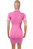 Pink Fashion Casual Solid Basic Turndown Collar Short Sleeve Dress