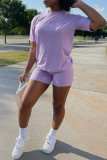Purple Fashion Casual Print Basic O Neck Short Sleeve Two Pieces