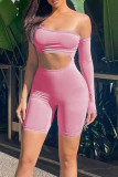 Pink Sexy Solid Hollowed Out Patchwork Oblique Collar Skinny Rompers