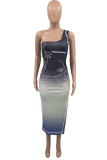 Gradient Color Fashion Print Backless Slit One Shoulder Sleeveless Dress