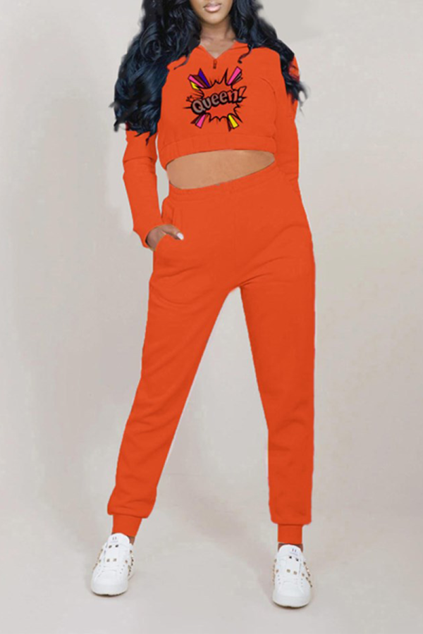 Tangerine Red Sportswear Print Patchwork O Neck Long Sleeve Two Pieces