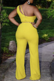 Yellow Sexy Casual Solid Backless One Shoulder Regular Jumpsuits