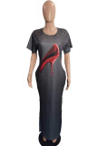 Grey Fashion Casual Plus Size Print Slit O Neck Short Sleeve Dress