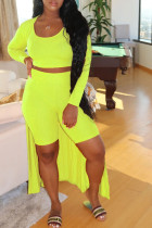 Fluorescent Yellow Casual Solid Split Joint U Neck Three Pieces