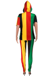 Multicolor Sportswear Striped Patchwork Hooded Collar Half Sleeve Two Pieces