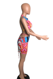 Pink Sexy Print Hollowed Out Halter Sleeveless Two Pieces