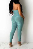 Blue Sexy Solid Patchwork Strapless Skinny Jumpsuits