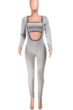 Silver Sexy Print Hollowed Out Square Collar Skinny Jumpsuits