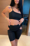 Black Sexy Casual Solid Hollowed Out Backless One Shoulder Sleeveless Two Pieces