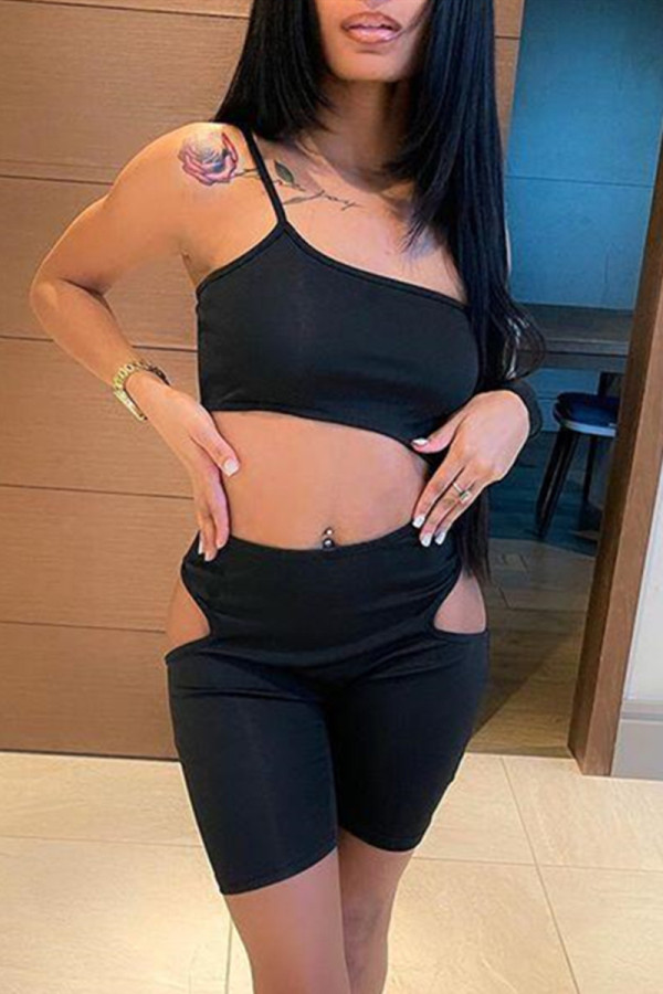 Black Sexy Casual Solid Hollowed Out Backless One Shoulder Sleeveless Two Pieces