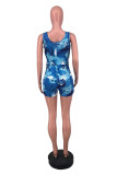 Blue Fashion Sexy Print Bandage Hollowed Out Fold V Neck Skinny Romper