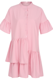Pink Casual Solid Flounce Mandarin Collar Cake Skirt Dresses