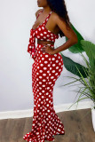 Red Fashion Sexy Dot Print Backless Halter Sleeveless Two Pieces
