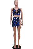 Blue Sexy Print Hollowed Out V Neck Sleeveless Two Pieces