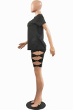 Red Sexy Solid Ripped Bandage O Neck Short Sleeve Two Pieces