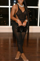 Black Fashion Sexy Solid See-through Strap Design Halter Sleeveless Jumpsuit
