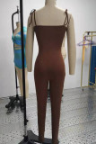 Brown Casual Solid Bandage Patchwork Spaghetti Strap Skinny Jumpsuits