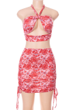 Pink Sexy Print Patchwork Halter Sleeveless Two Pieces