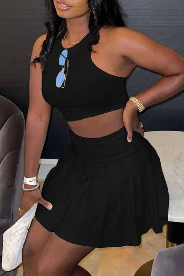 Black Casual Solid Patchwork O Neck Sleeveless Two Pieces