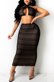 Black Sexy Print Hollowed Out Patchwork Halter Pencil Skirt Plus Size Two Pieces