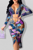 Deep Blue Sexy Print Hollowed Out V Neck Irregular Dress Dresses