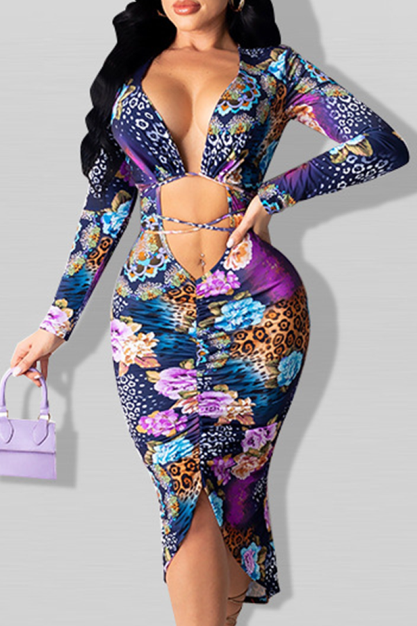 Deep Blue Sexy Print Hollowed Out V Neck Irregular Dress Dresses