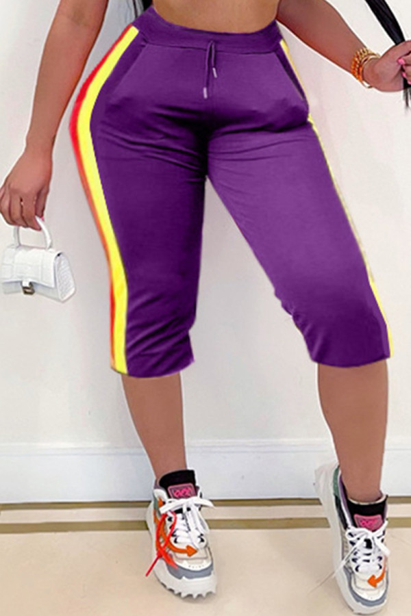 Purple Fashion Casual Striped Patchwork Regular Mid Waist Pants
