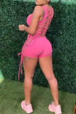 Blue Fashion Sexy Solid Backless Strap Design Square Collar Skinny Romper