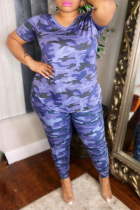 Camouflage Casual Print Split Joint V Neck Plus Size Two Pieces