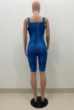 Blue Sexy Casual Solid Backless Spaghetti Strap Regular Romper