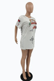 White Fashion Casual Print Basic O Neck Short Sleeve Two Pieces