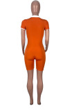 Orange Fashion Casual Solid Basic Turndown Collar Skinny Short Sleeve Romper
