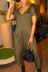 Army Green Fashion Casual Solid Pocket V Neck Regular Jumpsuits