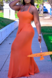 Tangerine Red Sexy Solid Patchwork Mesh Halter Straight Jumpsuits