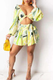 Fluorescent Yellow Sexy Print Bandage Patchwork V Neck Long Sleeve Two Pieces