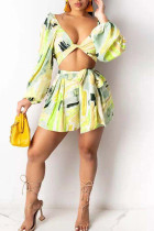 Fluorescent Yellow Sexy Print Bandage Split Joint V Neck Long Sleeve Two Pieces