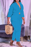 Blue Casual Solid Patchwork Turndown Collar Plus Size Two Pieces