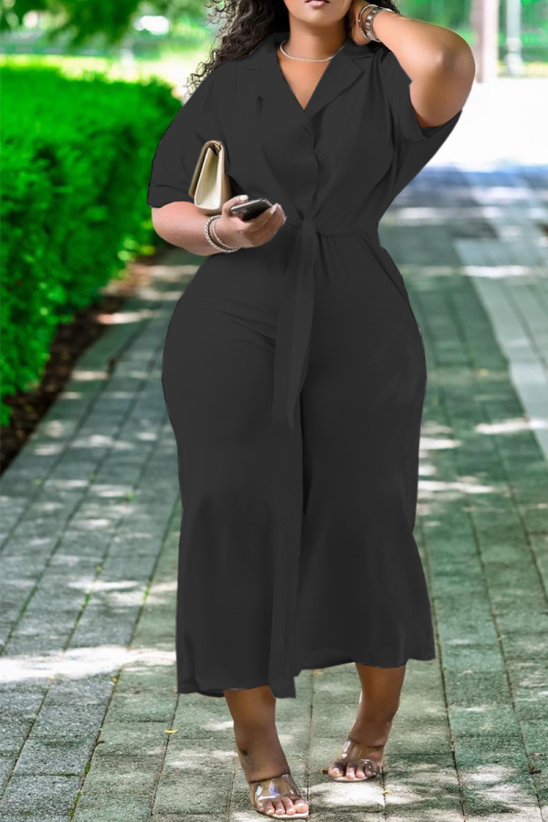 Black Casual Solid Patchwork Turndown Collar Short Sleeve Two Pieces