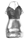 Silver Fashion Sexy Solid Backless Fold Halter Sling Dress