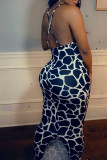 Deep Blue Fashion Sexy Print Backless Spaghetti Strap Long Dress Dresses