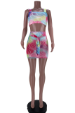 Rainbow Color Sexy Print Split Joint U Neck Sleeveless Two Pieces