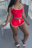 Red Casual Solid Patchwork Spaghetti Strap Sleeveless Two Pieces