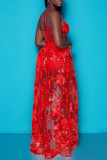Red Fashion Sexy Patchwork See-through Backless Spaghetti Strap Sleeveless Two Pieces