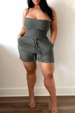 Beige Sexy Casual Solid Backless Strapless Regular Romper