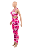 Yellow Sexy Print Patchwork Halter Skinny Jumpsuits